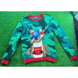 33Degrees Brewdolph Ugly Christmas Sweater Mens Size M Camo Beer Reindeer Green